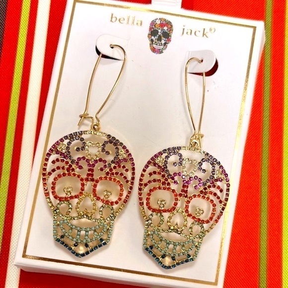 Brand New Bella Jack Colorful Rainbow Halloween Skeleton Skull Drop Earrings - Picture 1 of 13